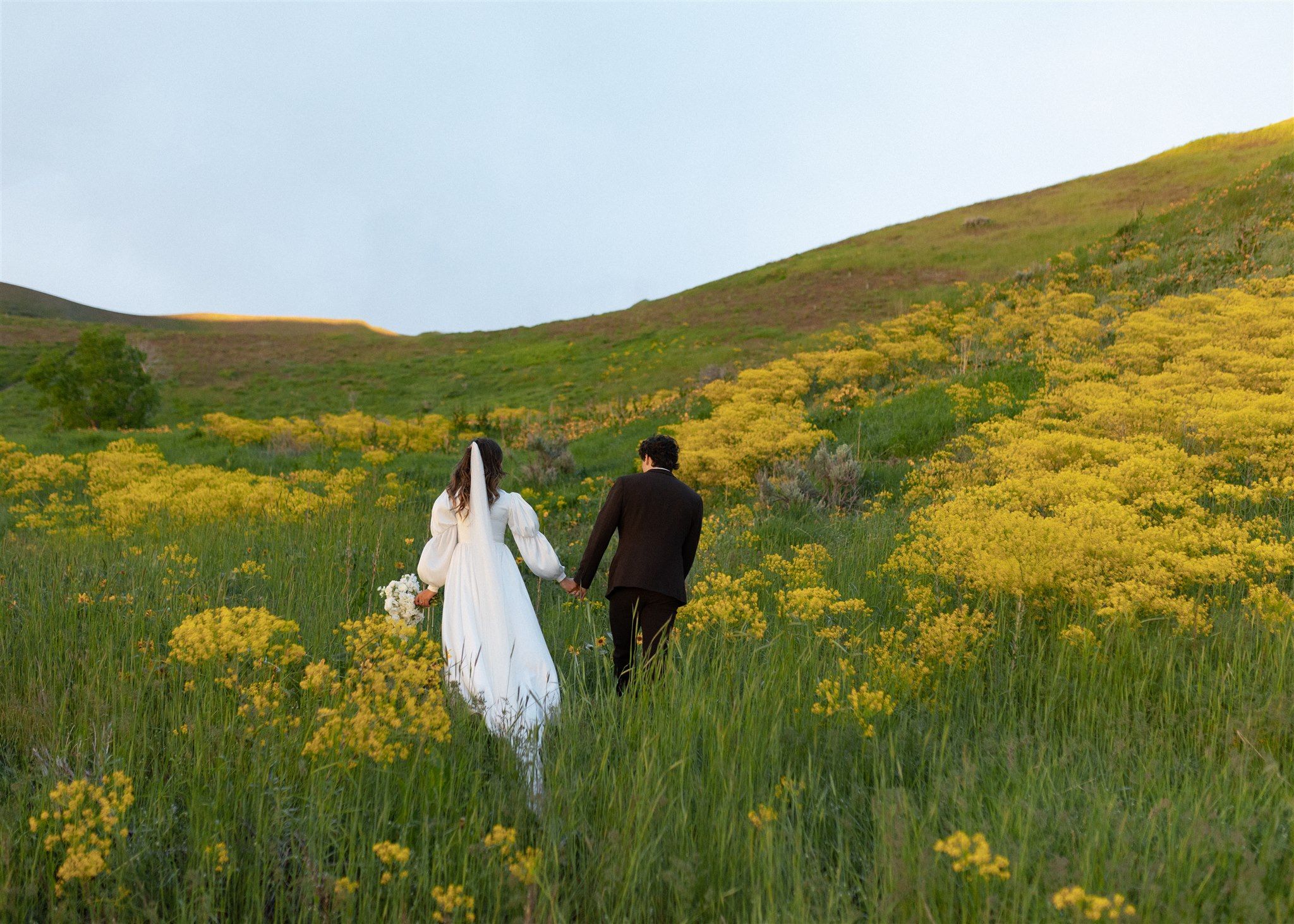 Couple walking through a field of vibrant yellow wildflowers against rolling hills.